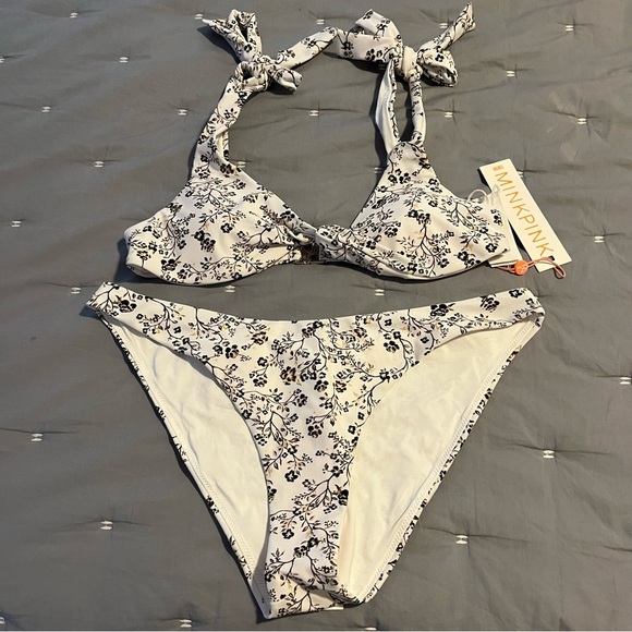 NWT MINK PINK - White Floral DAWSON TIE BIKINI SET M Top L Bottom - Picture 4 of 10